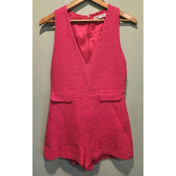 Zara Fuscia Textured Playsuit Tweed Romper V Neck Sz S - Picture 1 of 6